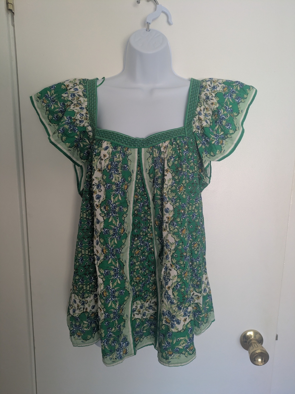 Max Studio London Green Floral Square-Neck Flutter Sleeve Tunic Top Size Large